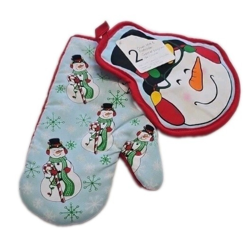 Snowman Christmas Oven Mitt & Potholder Set 2 Pc 100% Cotton NWT Holiday